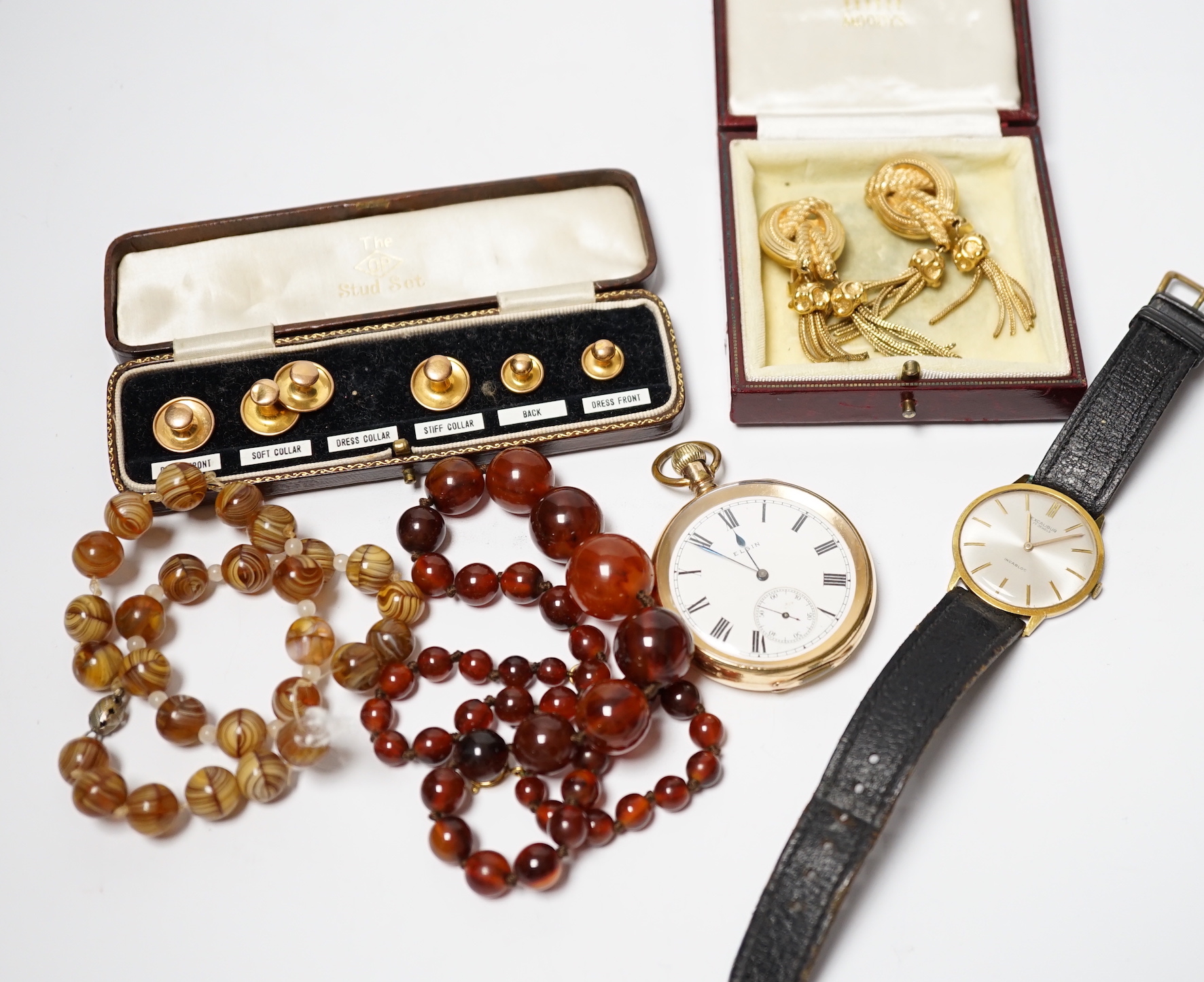 A pair of gilt metal Christian Dior tassel drop earrings and other jewellery, a wrist watch, pocket watch and a 9ct six piece dress stud set.